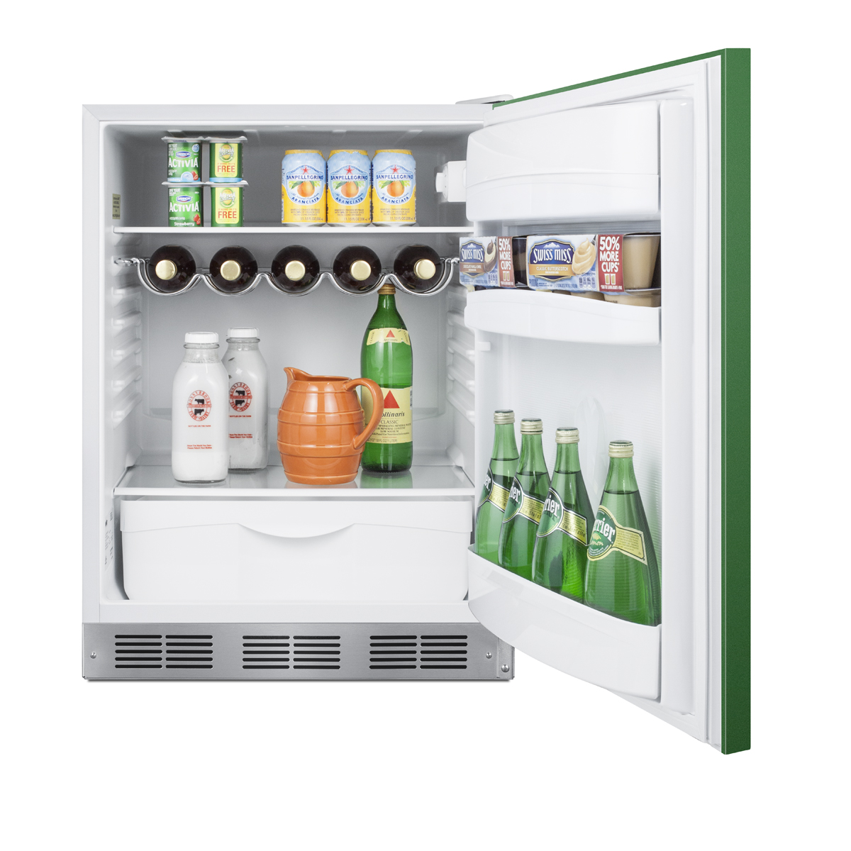 24 in. wide all-refrigerator for residential use, auto defrost with an emerald green door, stainless steel handle, and white cabinet